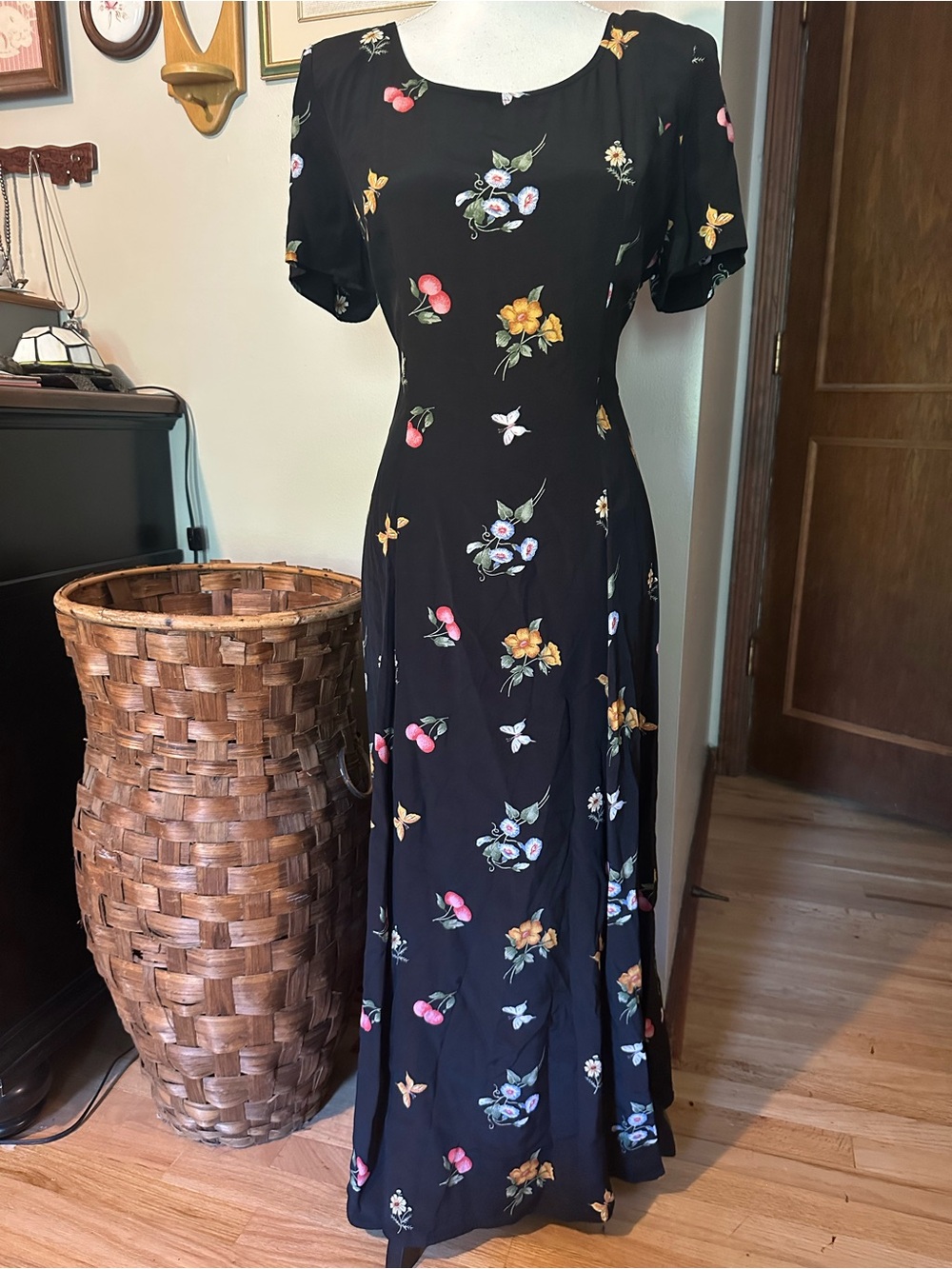 Vintage Black Maxi Dress with Pink and Yellow Floral Print